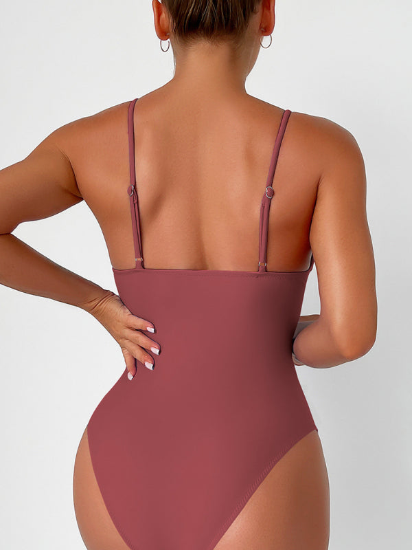 Nouveau maillot de bain sexy à col en V profond de couleur unie 
