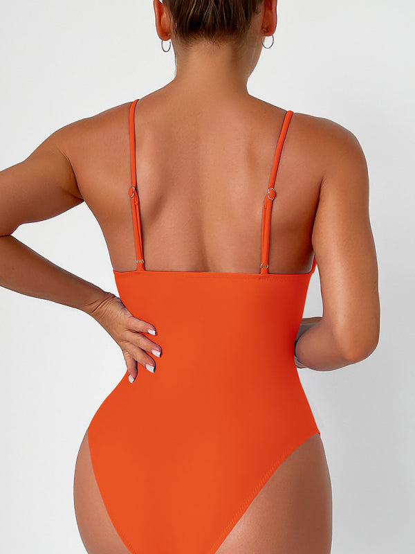 Nouveau maillot de bain sexy à col en V profond de couleur unie 