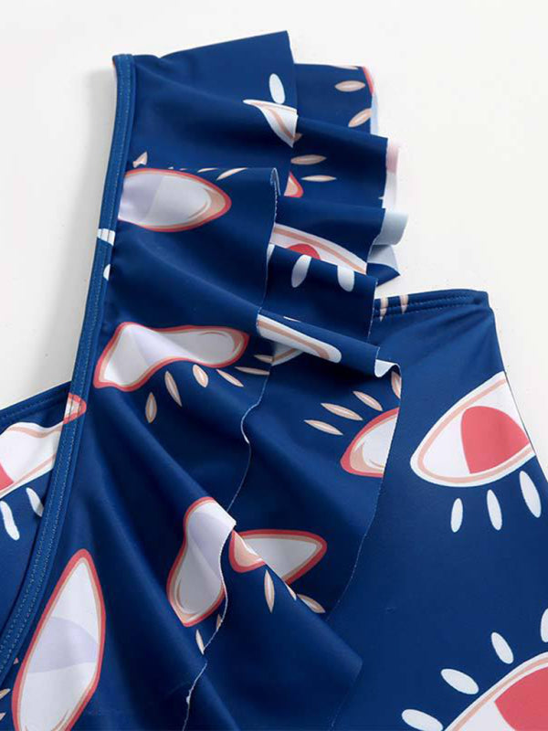 Neuer einteiliger Badeanzug/geteilter Bikini mit Rüschen und Teufelsauge