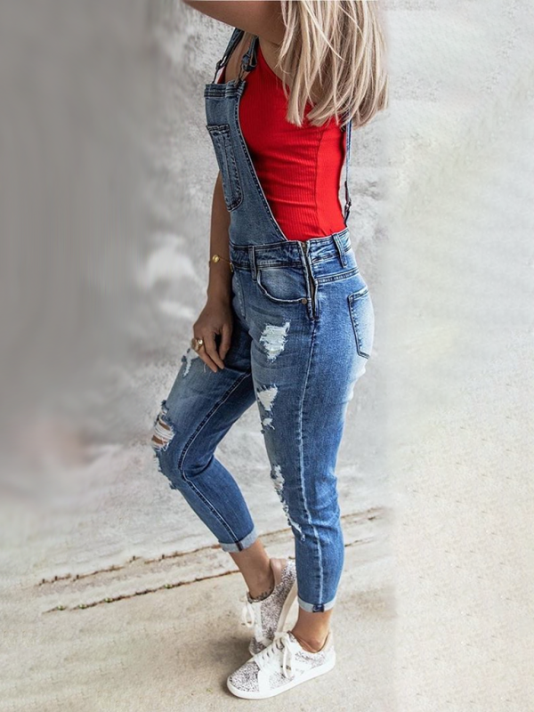 Vintage-Latzhose aus zerrissenem Stretch-Jeansstoff