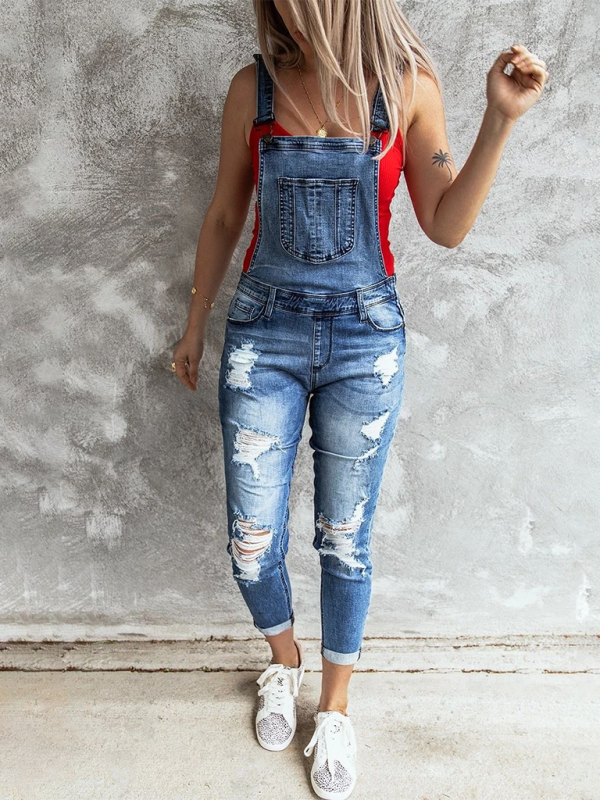 Vintage-Latzhose aus zerrissenem Stretch-Jeansstoff