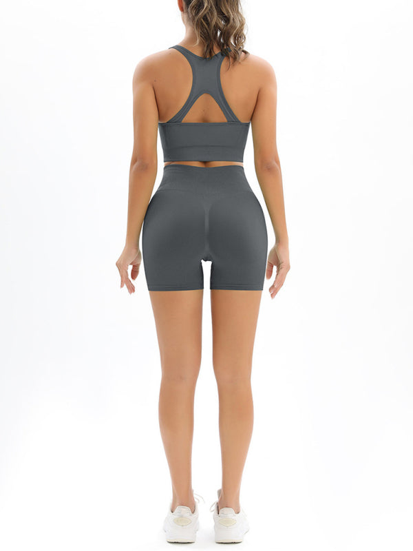 Ensemble deux pièces débardeur et short en tricot sans coutures pour femme, taille haute, couleur pêche 