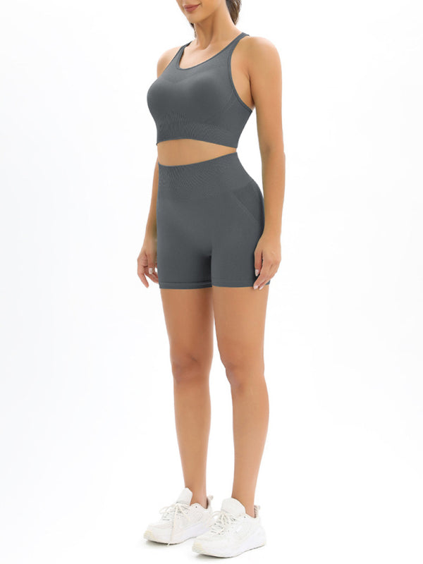 Ensemble deux pièces débardeur et short en tricot sans coutures pour femme, taille haute, couleur pêche 