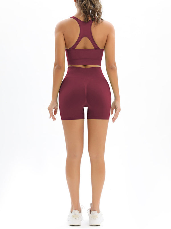 Ensemble deux pièces débardeur et short en tricot sans coutures pour femme, taille haute, couleur pêche 
