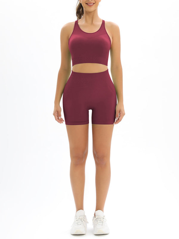 Ensemble deux pièces débardeur et short en tricot sans coutures pour femme, taille haute, couleur pêche 