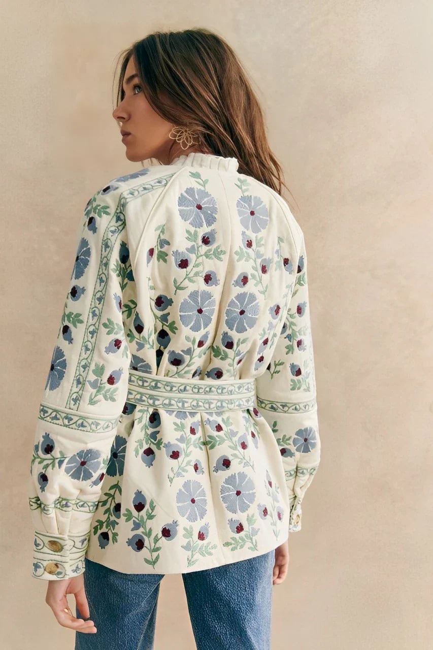 Lässige Street-Blumen-Schnürknöpfe, Patchwork-O-Ausschnitt-Oberbekleidung