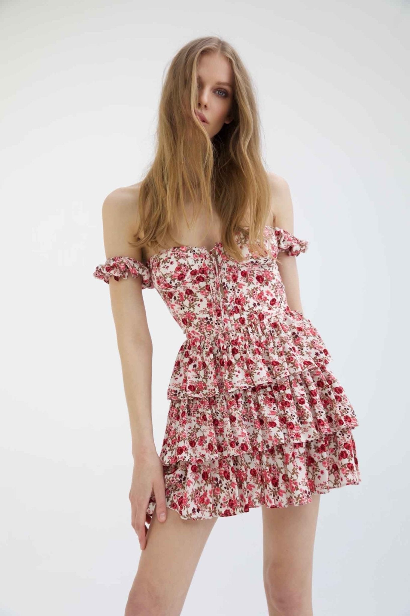 Mabel – Bedrucktes, gestuftes Minikleid mit Korsett