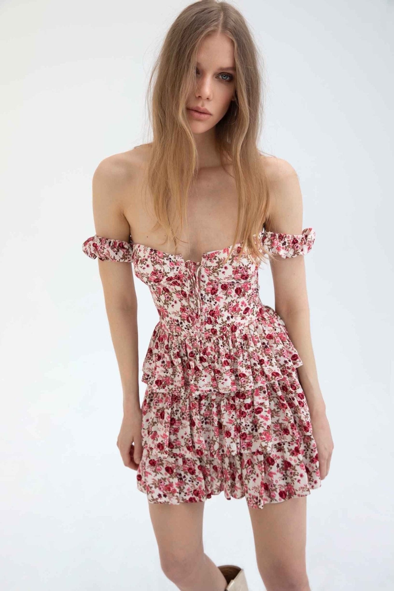 Mabel – Bedrucktes, gestuftes Minikleid mit Korsett