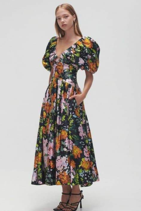 Bedrucktes Midikleid „Megan“ mit V-Ausschnitt und Puffärmeln