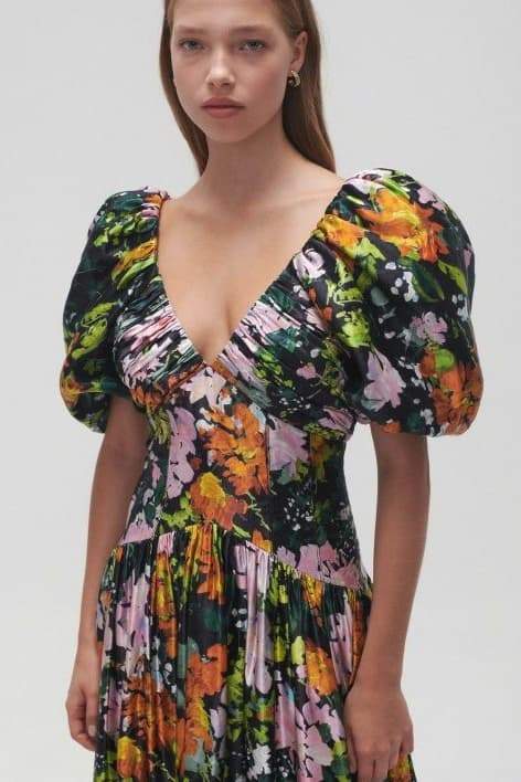 Bedrucktes Midikleid „Megan“ mit V-Ausschnitt und Puffärmeln