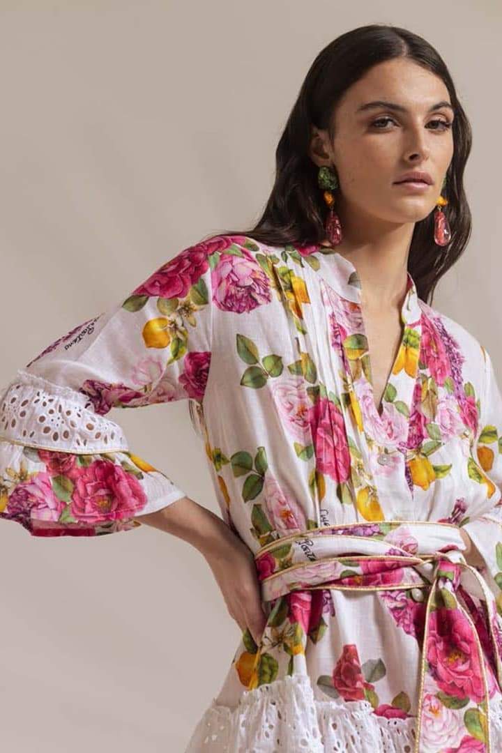 Melissa – Bedrucktes Minikleid mit Rüschen und Spitzenbesatz