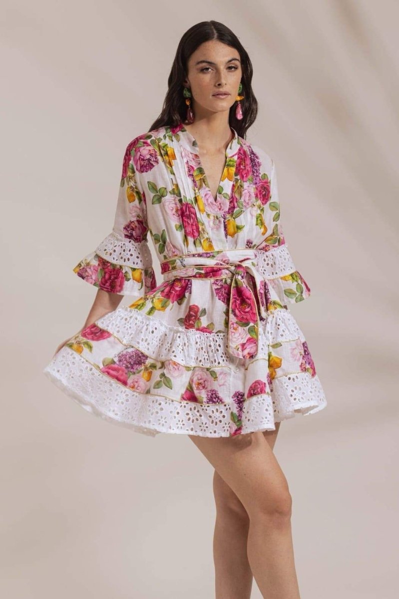 Melissa – Bedrucktes Minikleid mit Rüschen und Spitzenbesatz