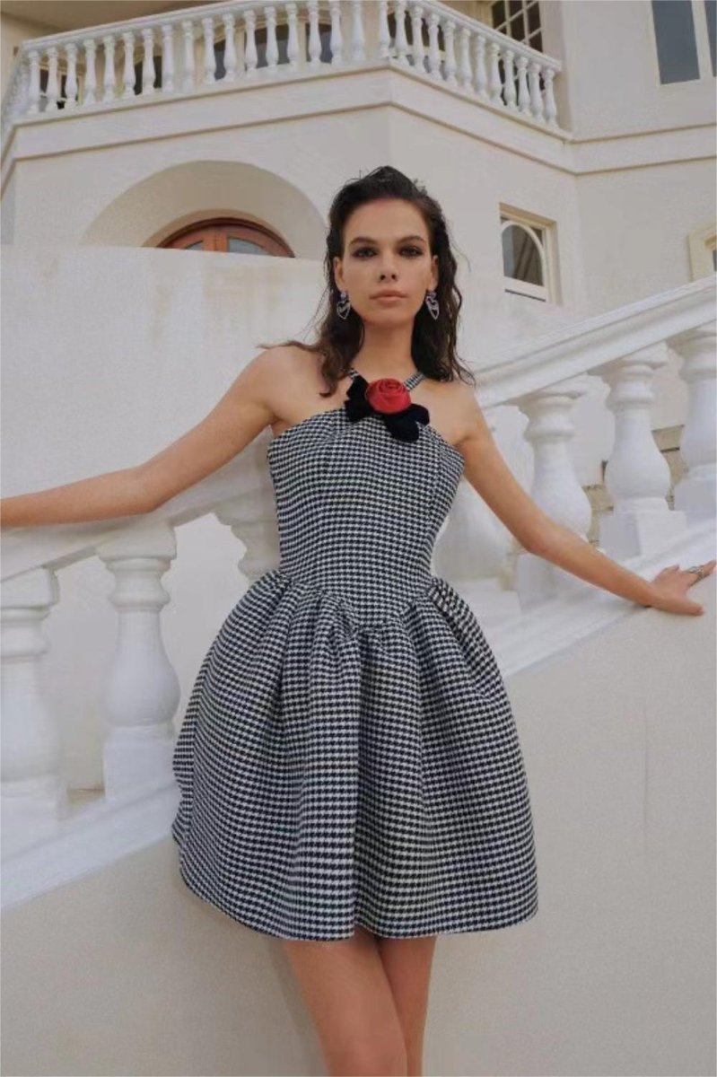 Mona A-Linien-Minikleid mit Hahnentritt-Rosenschleifenbesatz