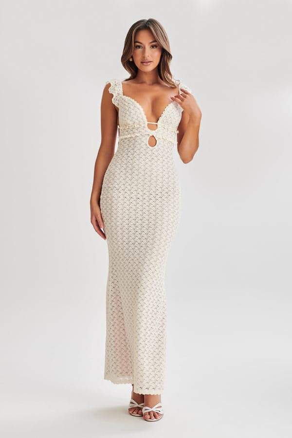 Muriel – Maxi-Strickkleid mit Rüschen und Cut-outs