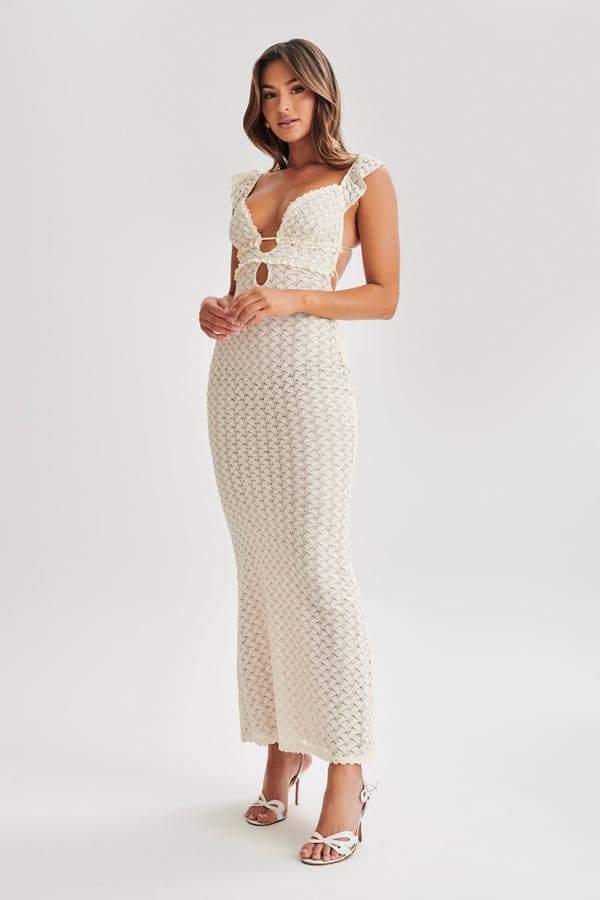 Muriel – Maxi-Strickkleid mit Rüschen und Cut-outs