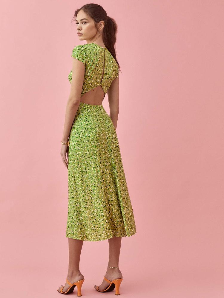 Rachel bedrucktes Midi-Sommerkleid mit Rundhalsausschnitt und Schlitz