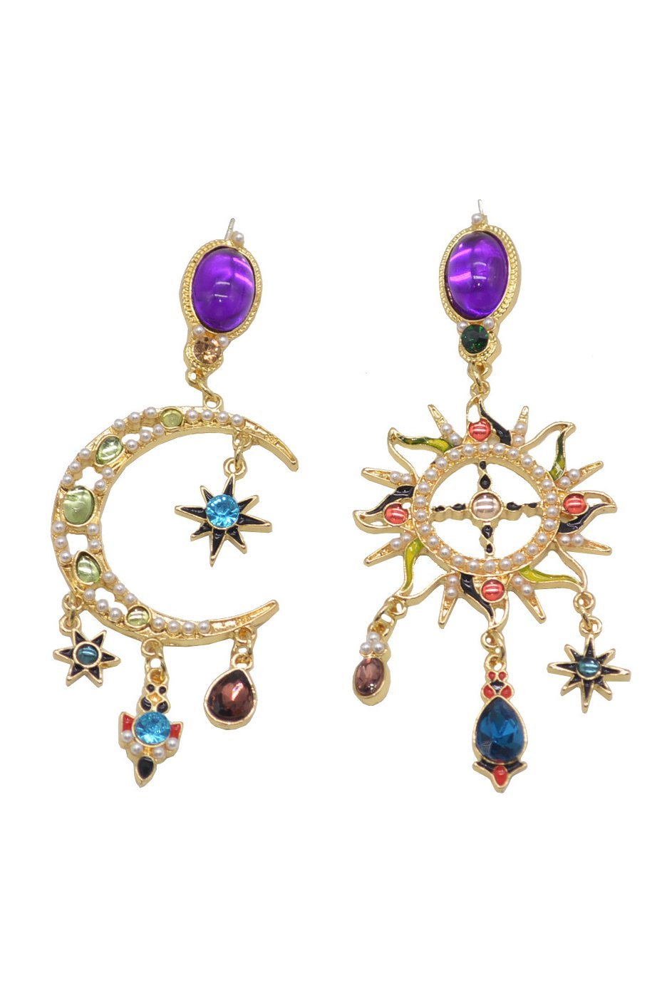 Boucles d'oreilles longues asymétriques avec soleil et lune