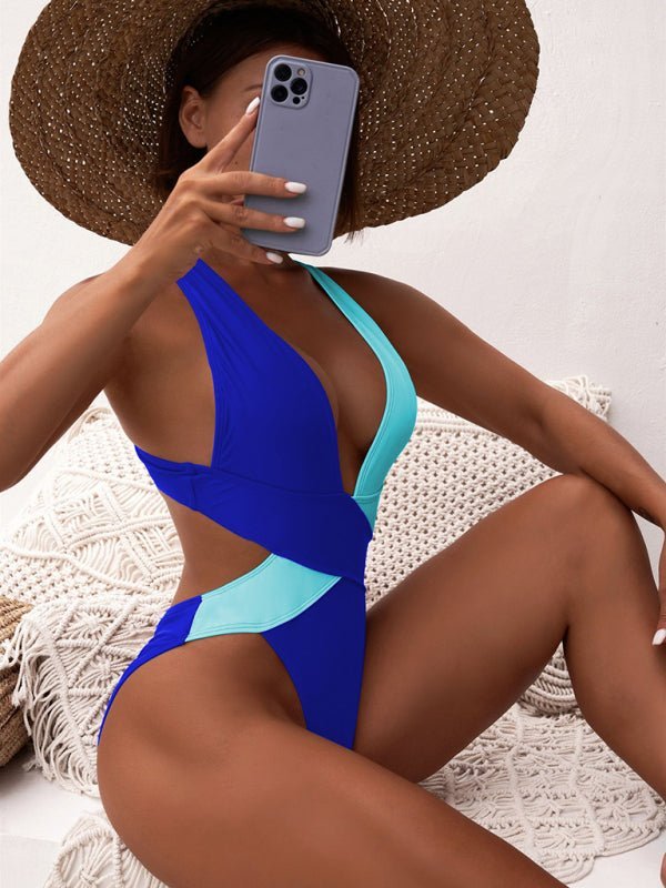 Maillot de bain une pièce bicolore pour femme avec décolleté plongeant 