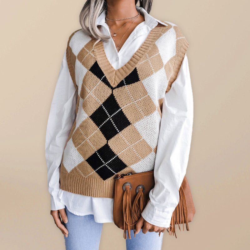 Damen-Pullover mit Diamant-V-Ausschnitt, lässiger, lockerer Strickweste