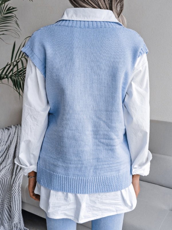 Damen-Pullover mit V-Ausschnitt, hohler Diamant, lässiger Strickweste