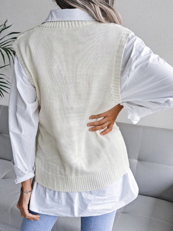 Damen-Pullover mit V-Ausschnitt, hohler Diamant, lässiger Strickweste