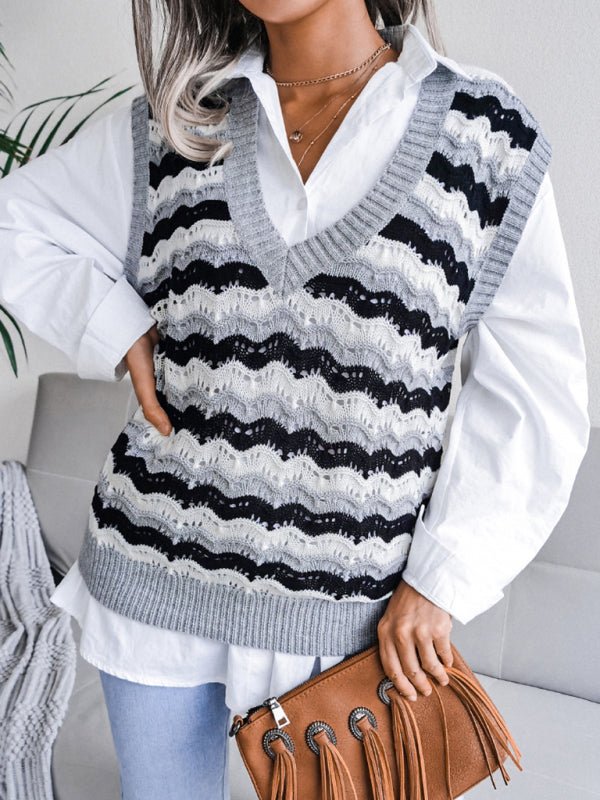 Pull sans manches à rayures creuses et col en V pour femme 