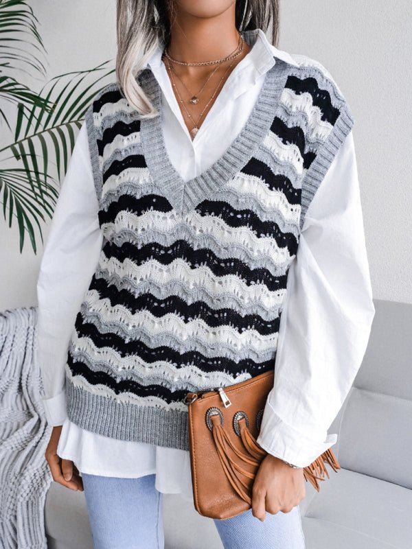 Pull sans manches à rayures creuses et col en V pour femme 