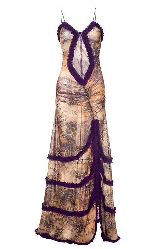 Yuri – Robe longue imprimée à découpes et volants