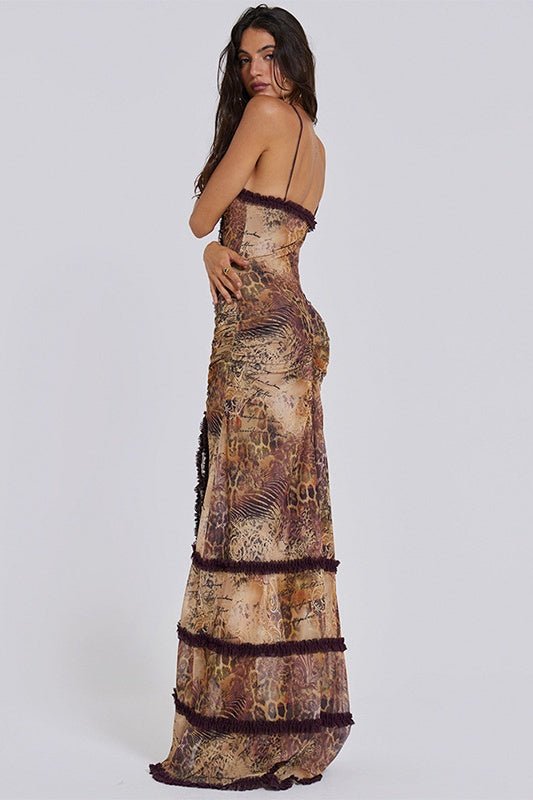 Yuri – Robe longue imprimée à découpes et volants